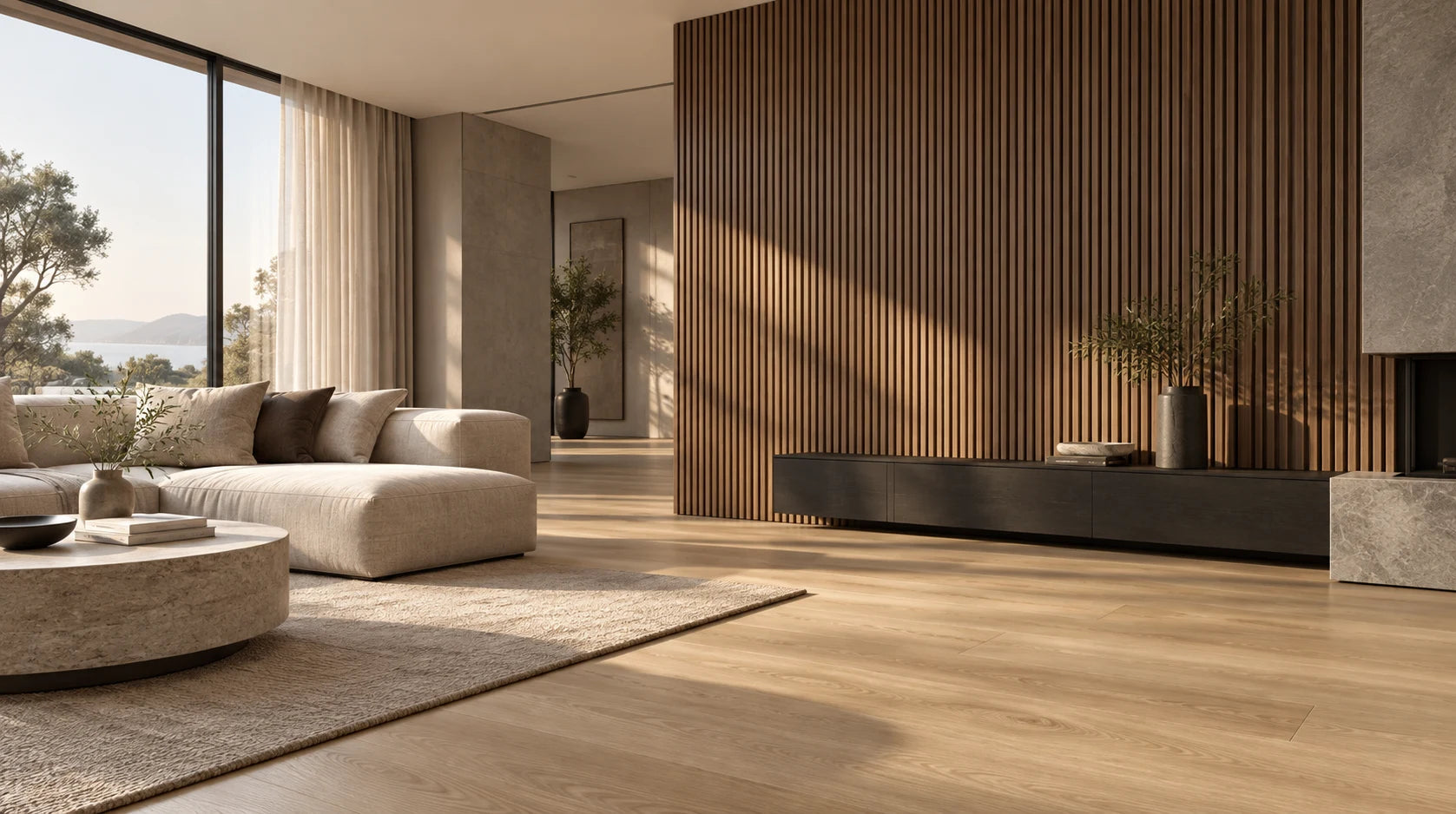 Contemporary living room with walnut wall panels and natural oak flooring